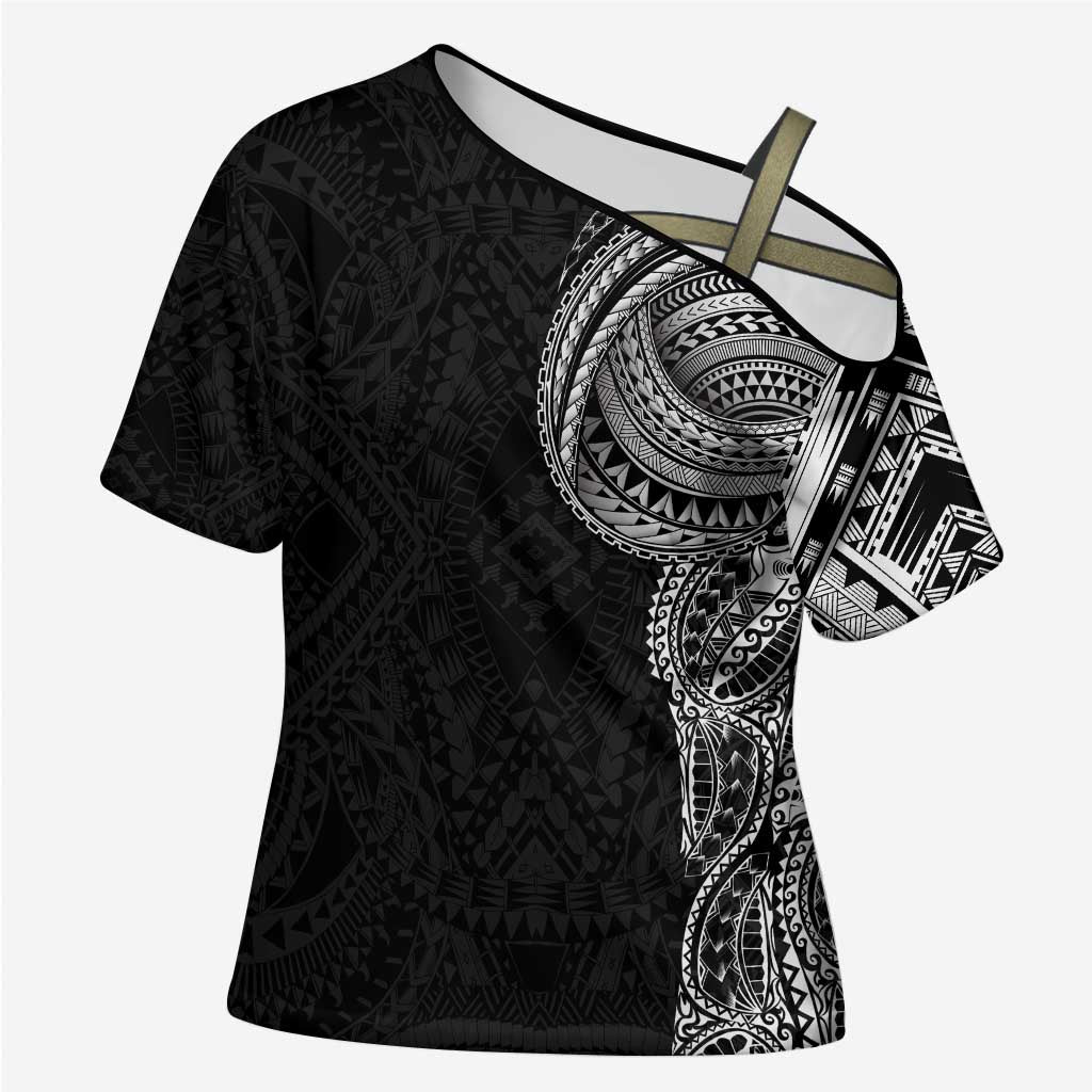 Traditional Polynesian Art Tattoos Cross Shoulder Shirt Black Color - Polynesian Pride