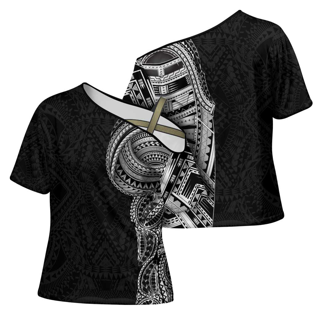 Traditional Polynesian Art Tattoos Cross Shoulder Shirt Black Color - Polynesian Pride