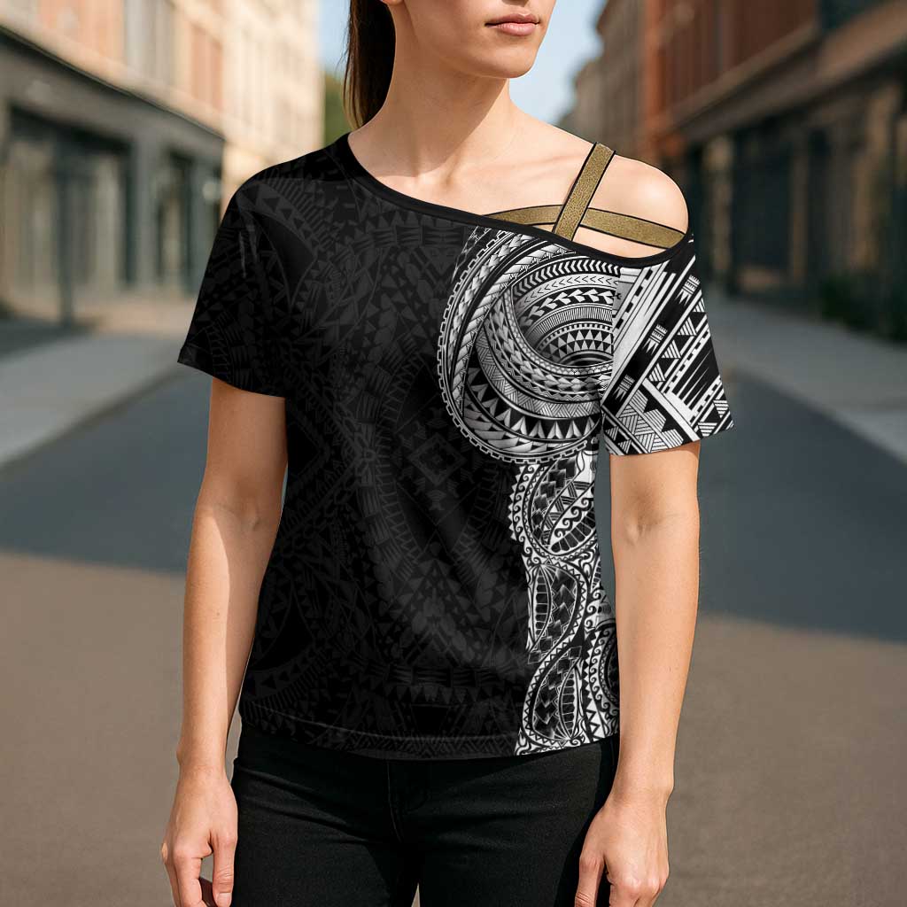 Traditional Polynesian Art Tattoos Cross Shoulder Shirt Black Color - Polynesian Pride
