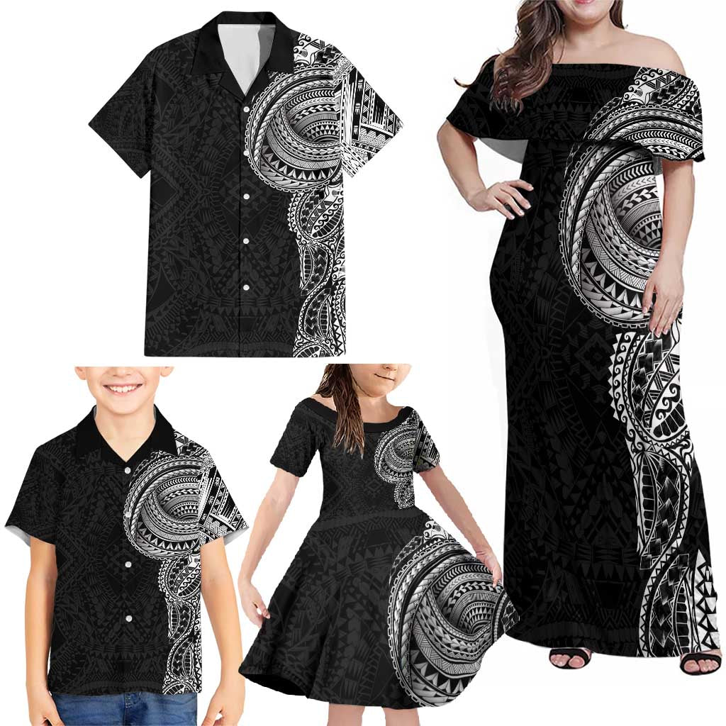 Traditional Polynesian Art Tattoos Family Matching Off Shoulder Maxi Dress and Hawaiian Shirt Black Color - Polynesian Pride