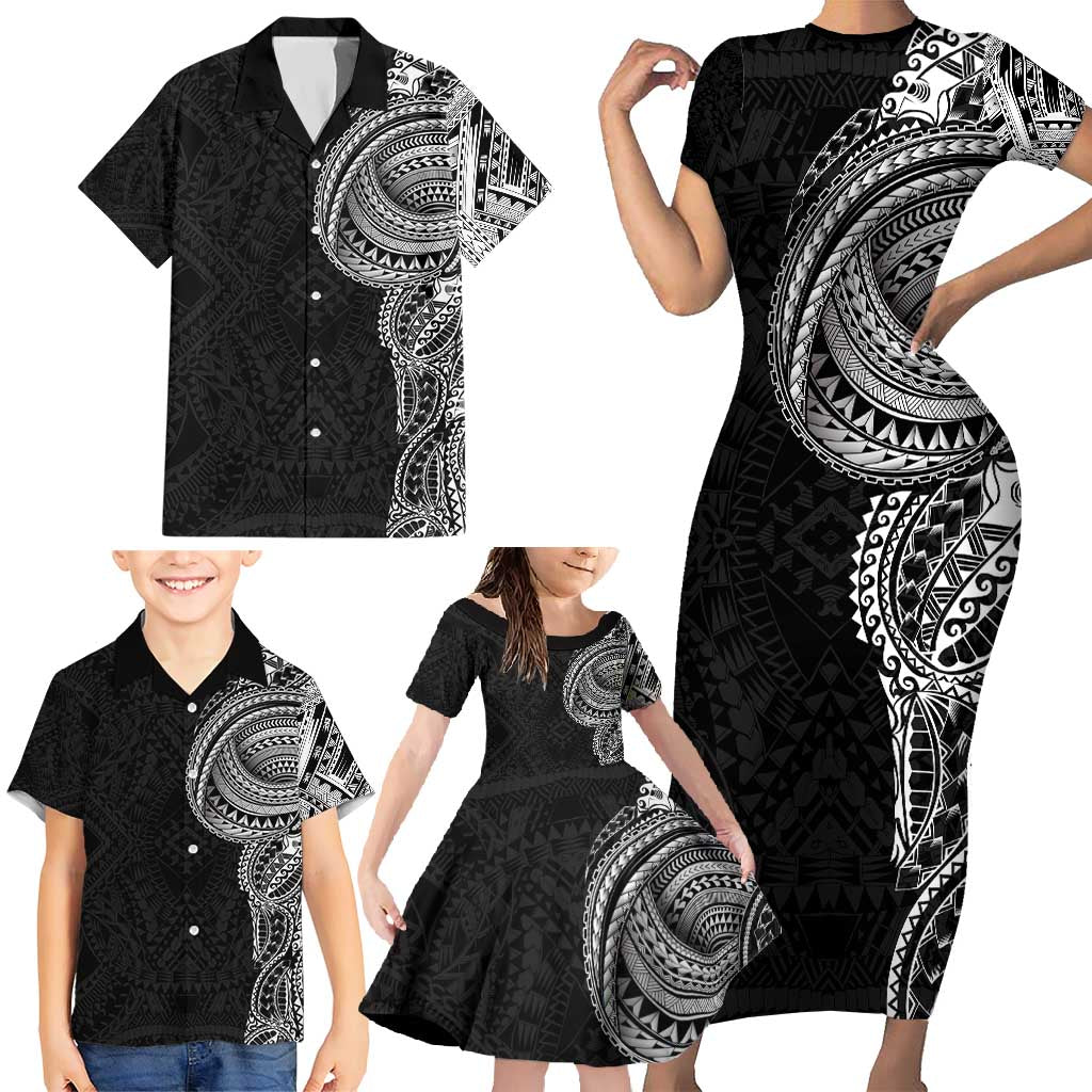Traditional Polynesian Art Tattoos Family Matching Short Sleeve Bodycon Dress and Hawaiian Shirt Black Color - Polynesian Pride