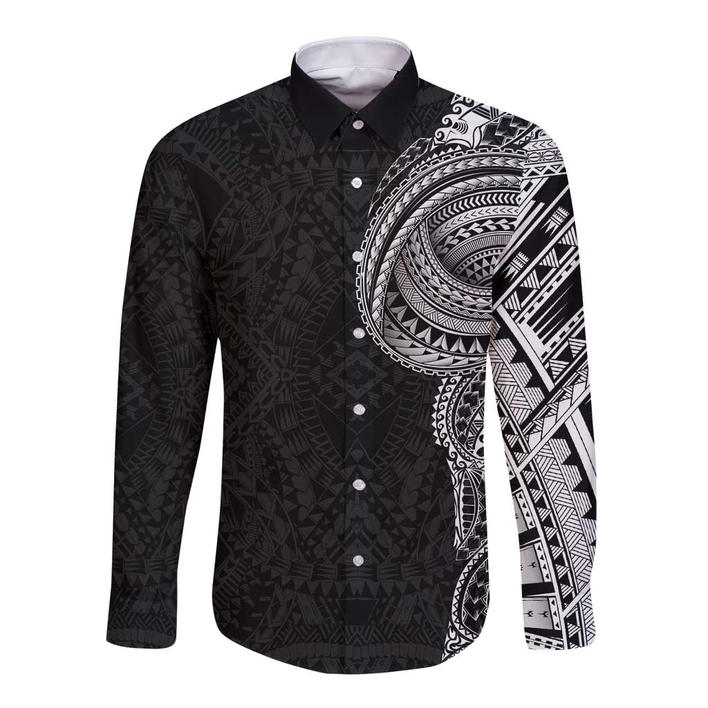 Traditional Polynesian Art Tattoos Long Sleeve Button Shirt Black Color - Polynesian Pride