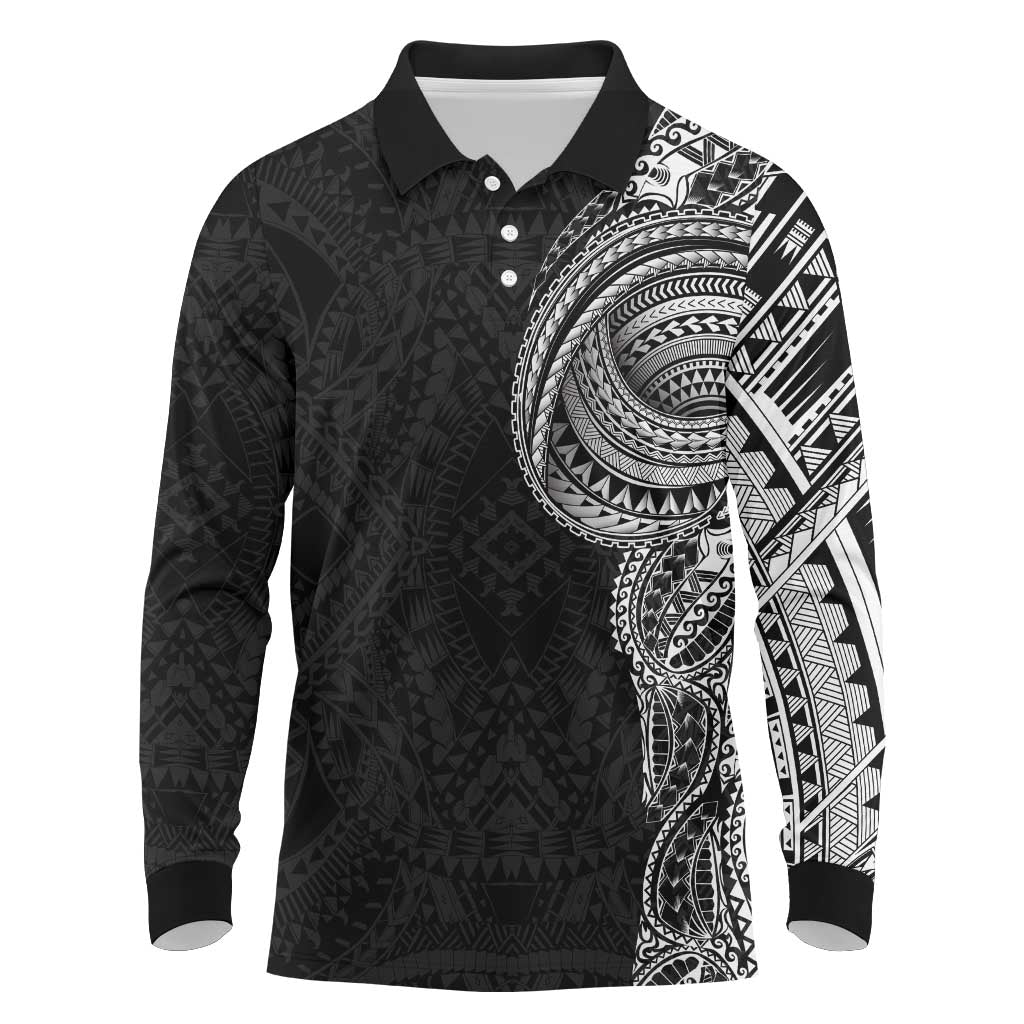 Traditional Polynesian Art Tattoos Long Sleeve Polo Shirt Black Color - Polynesian Pride