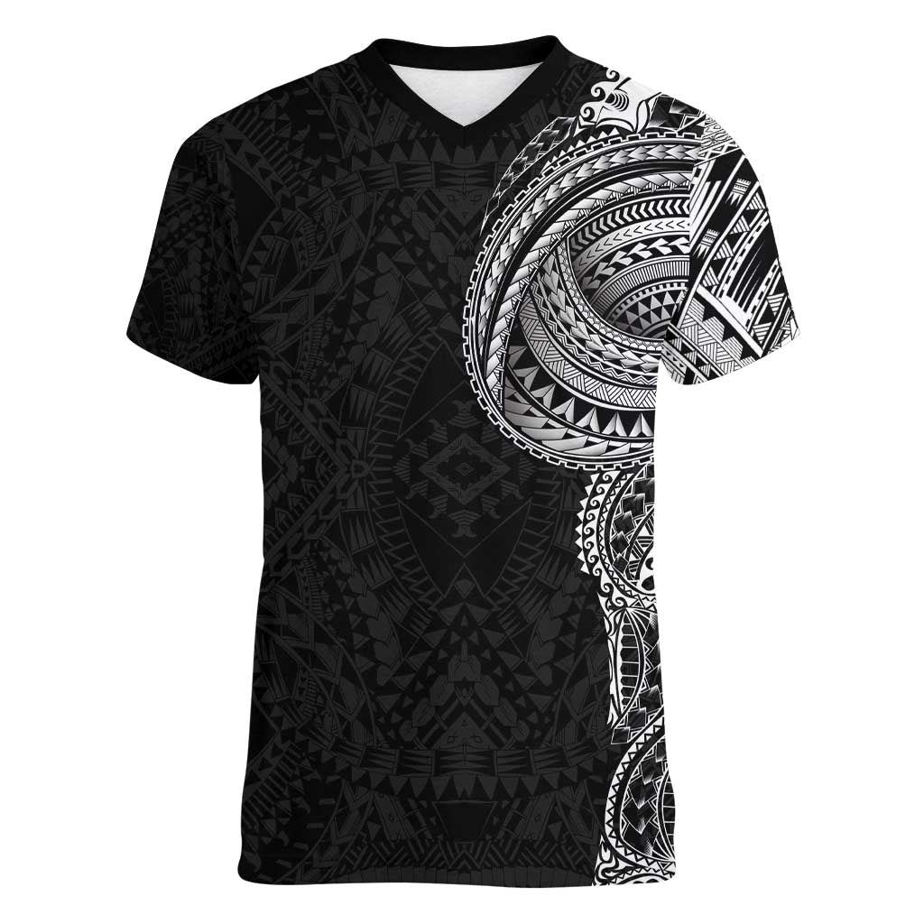 Traditional Polynesian Art Tattoos Women V-Neck T-Shirt Black Color LT03 Female Black - Polynesian Pride