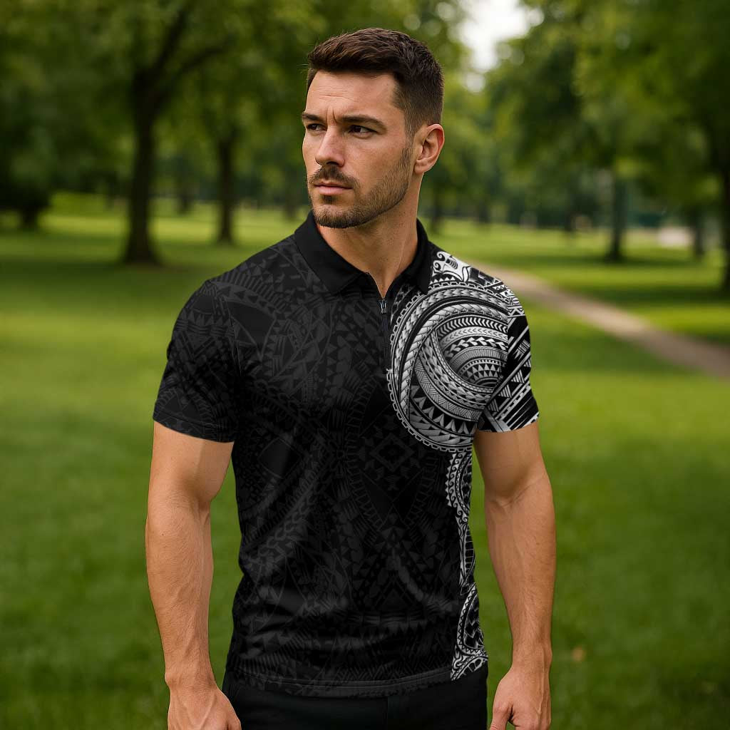 Traditional Polynesian Art Tattoos Zipper Polo Shirt Black Color - Polynesian Pride