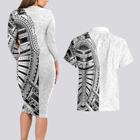 Traditional Polynesian Art Tattoos Couples Matching Long Sleeve Bodycon Dress and Hawaiian Shirt White Color - Polynesian Pride