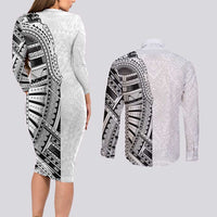 Traditional Polynesian Art Tattoos Couples Matching Long Sleeve Bodycon Dress and Long Sleeve Button Shirt White Color - Polynesian Pride