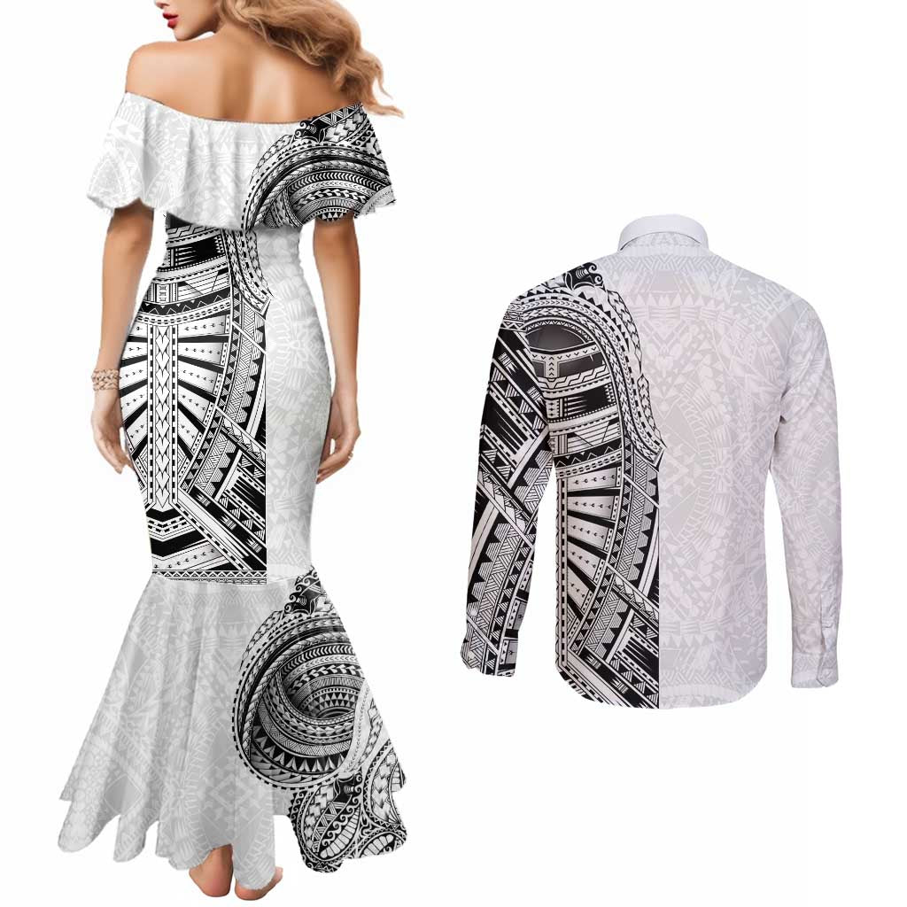 Traditional Polynesian Art Tattoos Couples Matching Mermaid Dress and Long Sleeve Button Shirt White Color - Polynesian Pride