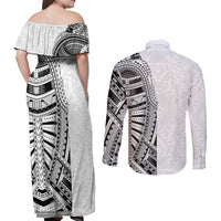 Traditional Polynesian Art Tattoos Couples Matching Off Shoulder Maxi Dress and Long Sleeve Button Shirt White Color - Polynesian Pride