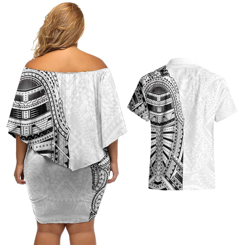 Traditional Polynesian Art Tattoos Couples Matching Off Shoulder Short Dress and Hawaiian Shirt White Color - Polynesian Pride