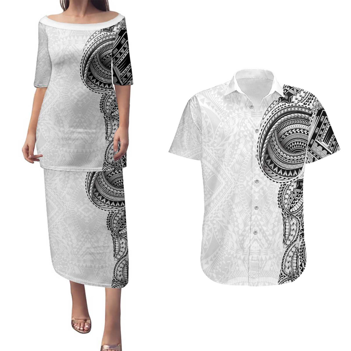 Traditional Polynesian Art Tattoos Couples Matching Puletasi and Hawaiian Shirt White Color - Polynesian Pride