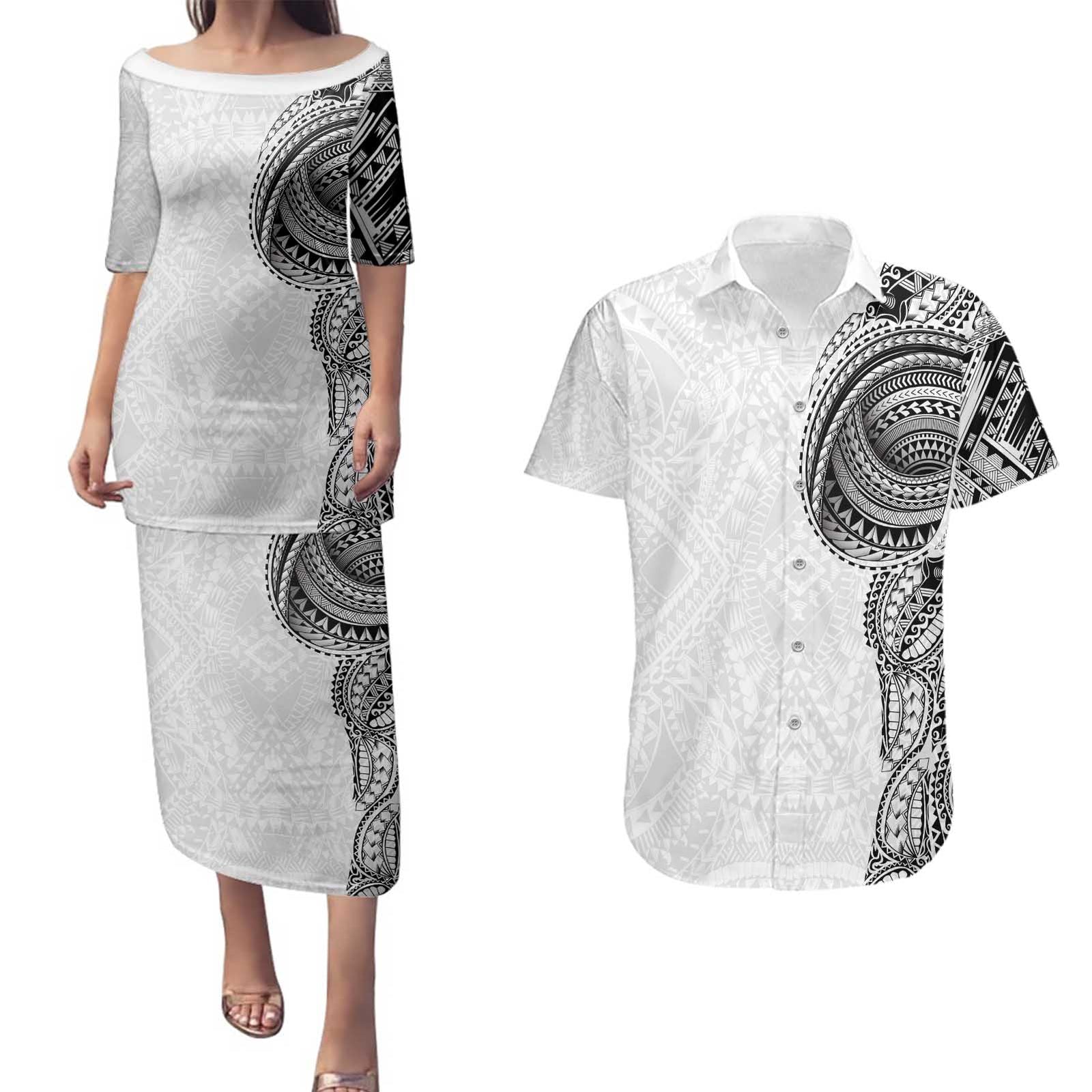 Traditional Polynesian Art Tattoos Couples Matching Puletasi and Hawaiian Shirt White Color LT03 White - Polynesian Pride
