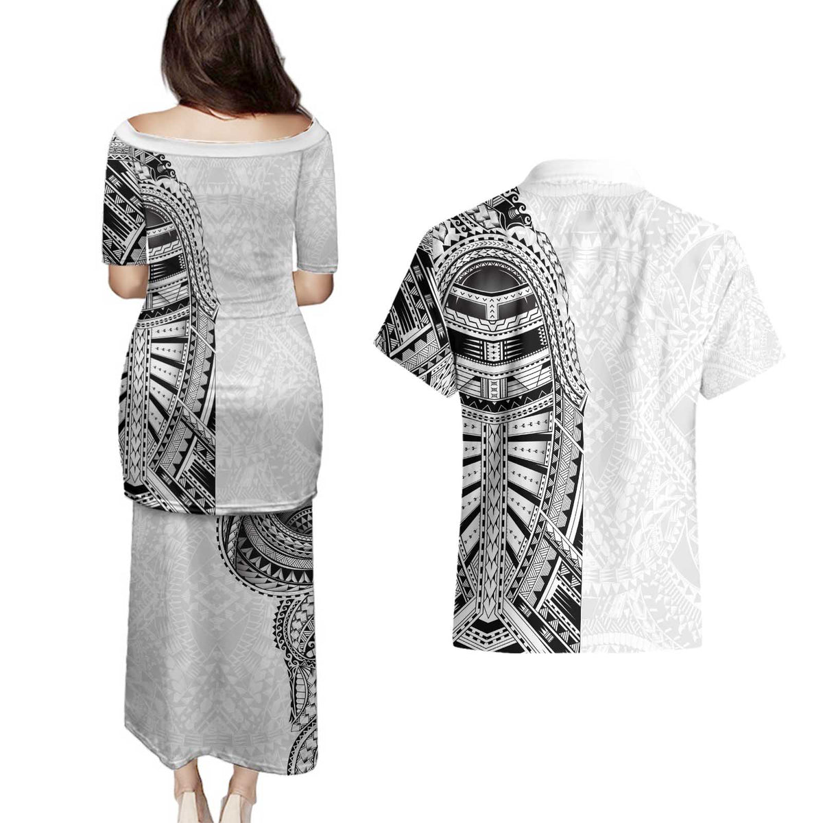 Traditional Polynesian Art Tattoos Couples Matching Puletasi and Hawaiian Shirt White Color - Polynesian Pride