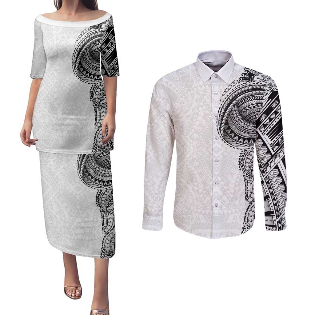 Traditional Polynesian Art Tattoos Couples Matching Puletasi and Long Sleeve Button Shirt White Color - Polynesian Pride