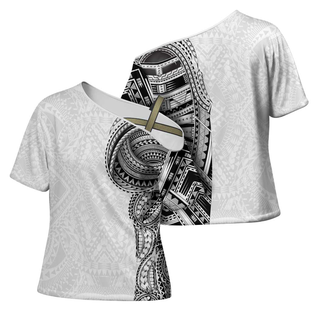 Traditional Polynesian Art Tattoos Cross Shoulder Shirt White Color - Polynesian Pride