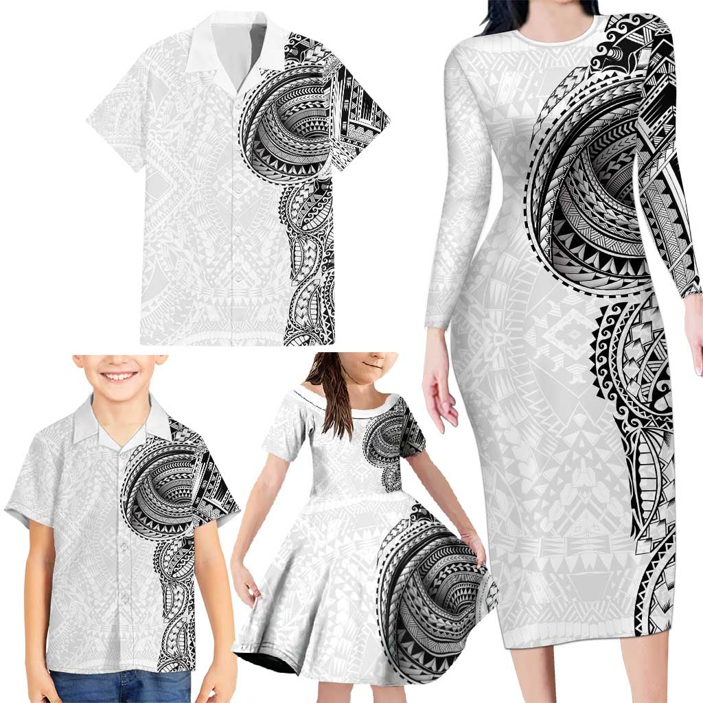 Traditional Polynesian Art Tattoos Family Matching Long Sleeve Bodycon Dress and Hawaiian Shirt White Color - Polynesian Pride
