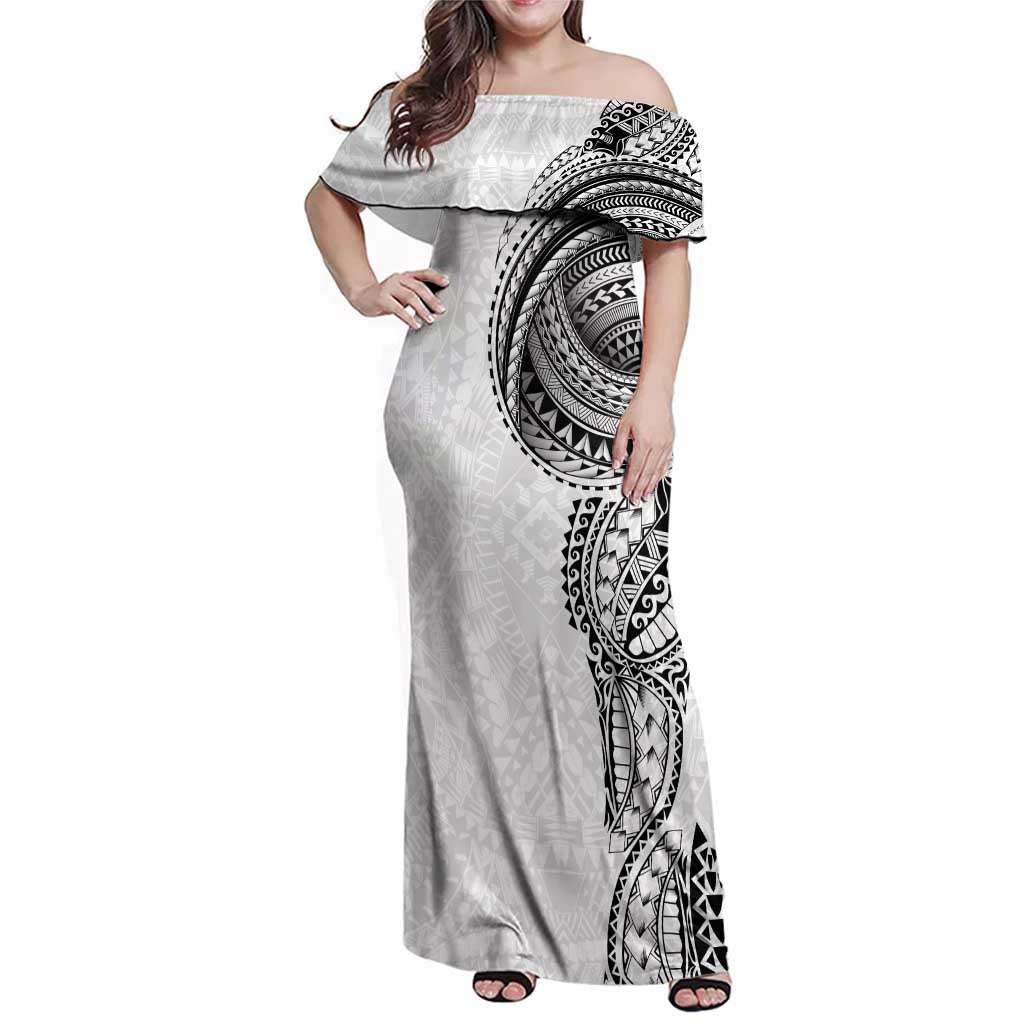Traditional Polynesian Art Tattoos Family Matching Off Shoulder Maxi Dress and Hawaiian Shirt White Color - Polynesian Pride
