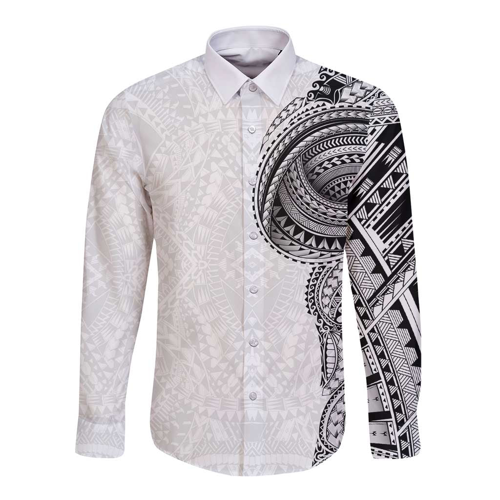 Traditional Polynesian Art Tattoos Long Sleeve Button Shirt White Color - Polynesian Pride
