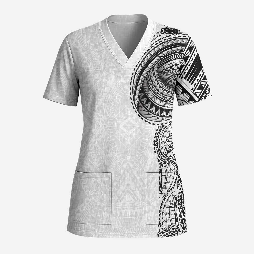 Traditional Polynesian Art Tattoos Scrub Top White Color LT03 Adult White - Polynesian Pride
