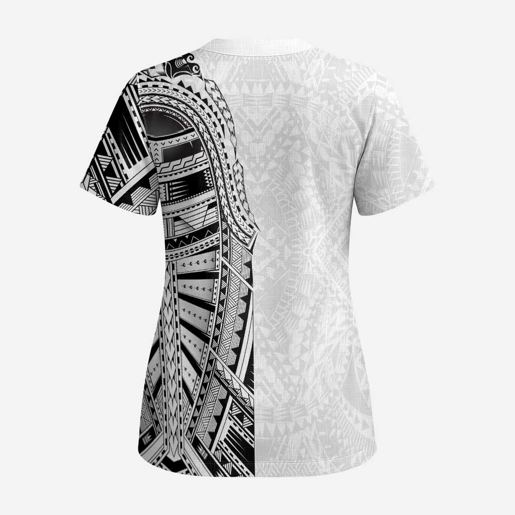 Traditional Polynesian Art Tattoos Scrub Top White Color - Polynesian Pride