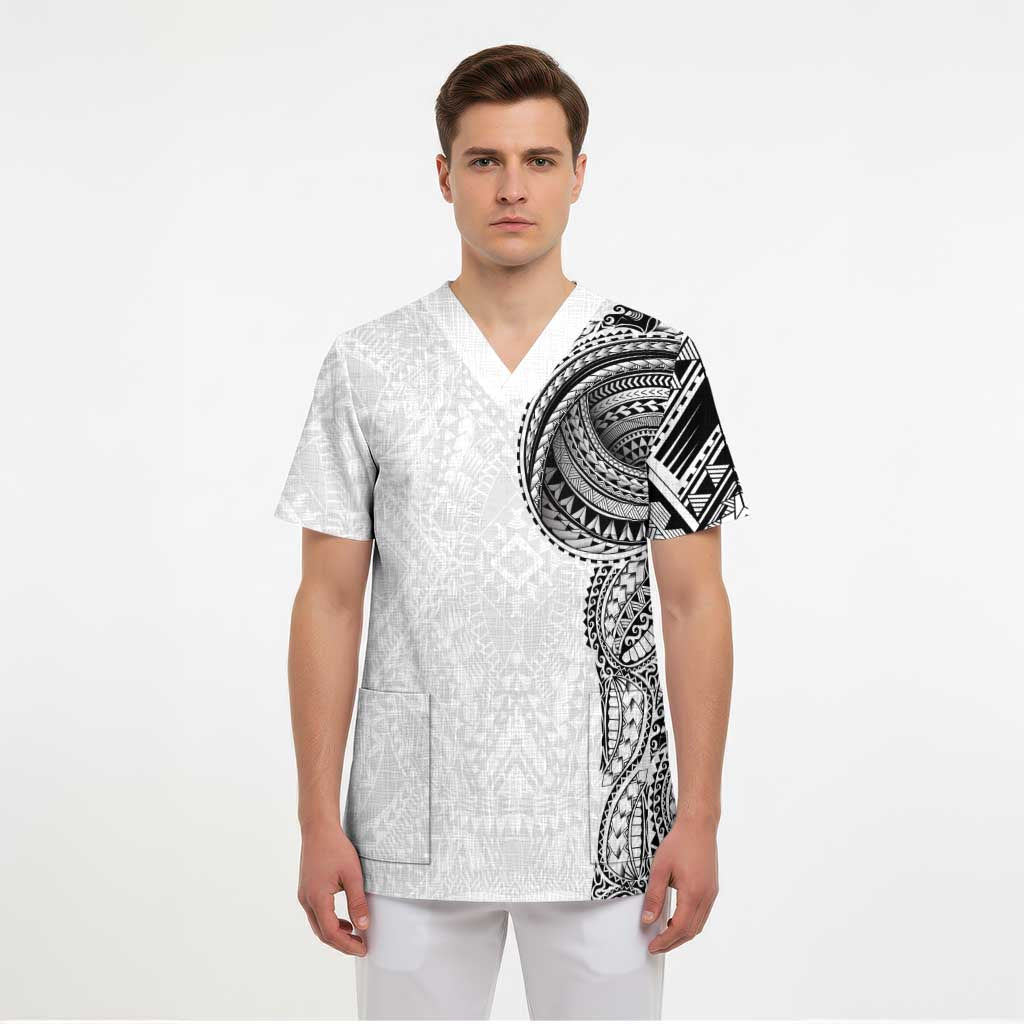 Traditional Polynesian Art Tattoos Scrub Top White Color - Polynesian Pride