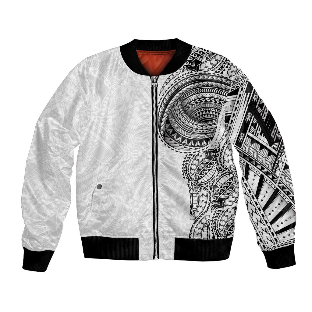 Traditional Polynesian Art Tattoos Sleeve Zip Bomber Jacket White Color LT03 Unisex White - Polynesian Pride