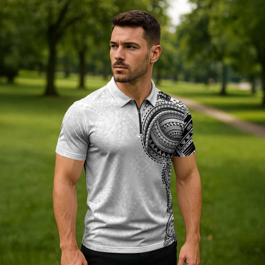 Traditional Polynesian Art Tattoos Zipper Polo Shirt White Color - Polynesian Pride