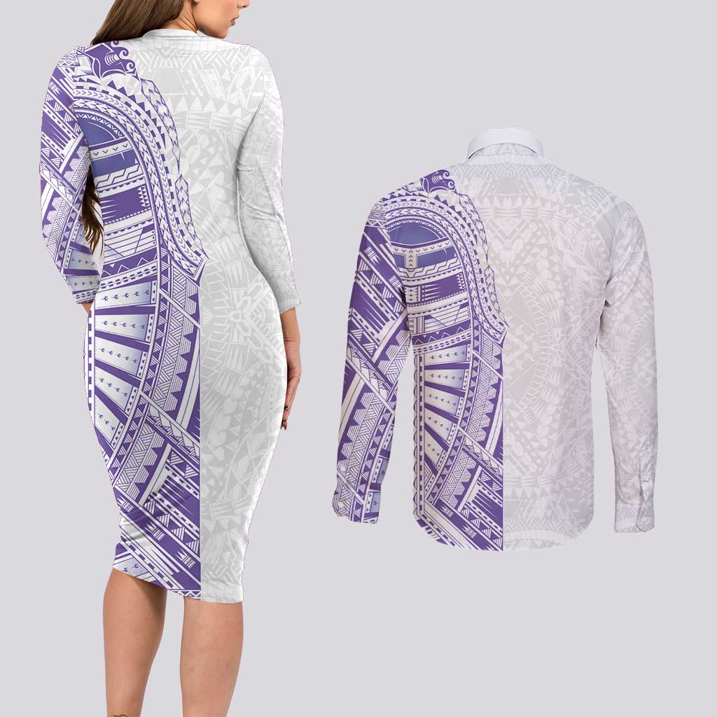 Traditional Polynesian Art Tattoos Couples Matching Long Sleeve Bodycon Dress and Long Sleeve Button Shirt Purple Color - Polynesian Pride