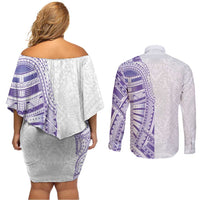 Traditional Polynesian Art Tattoos Couples Matching Off Shoulder Short Dress and Long Sleeve Button Shirt Purple Color - Polynesian Pride