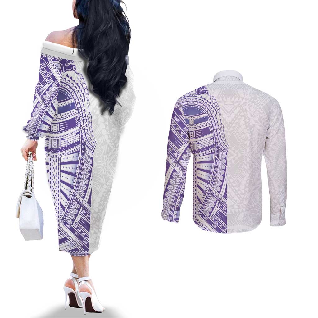 Traditional Polynesian Art Tattoos Couples Matching Off The Shoulder Long Sleeve Dress and Long Sleeve Button Shirt Purple Color - Polynesian Pride