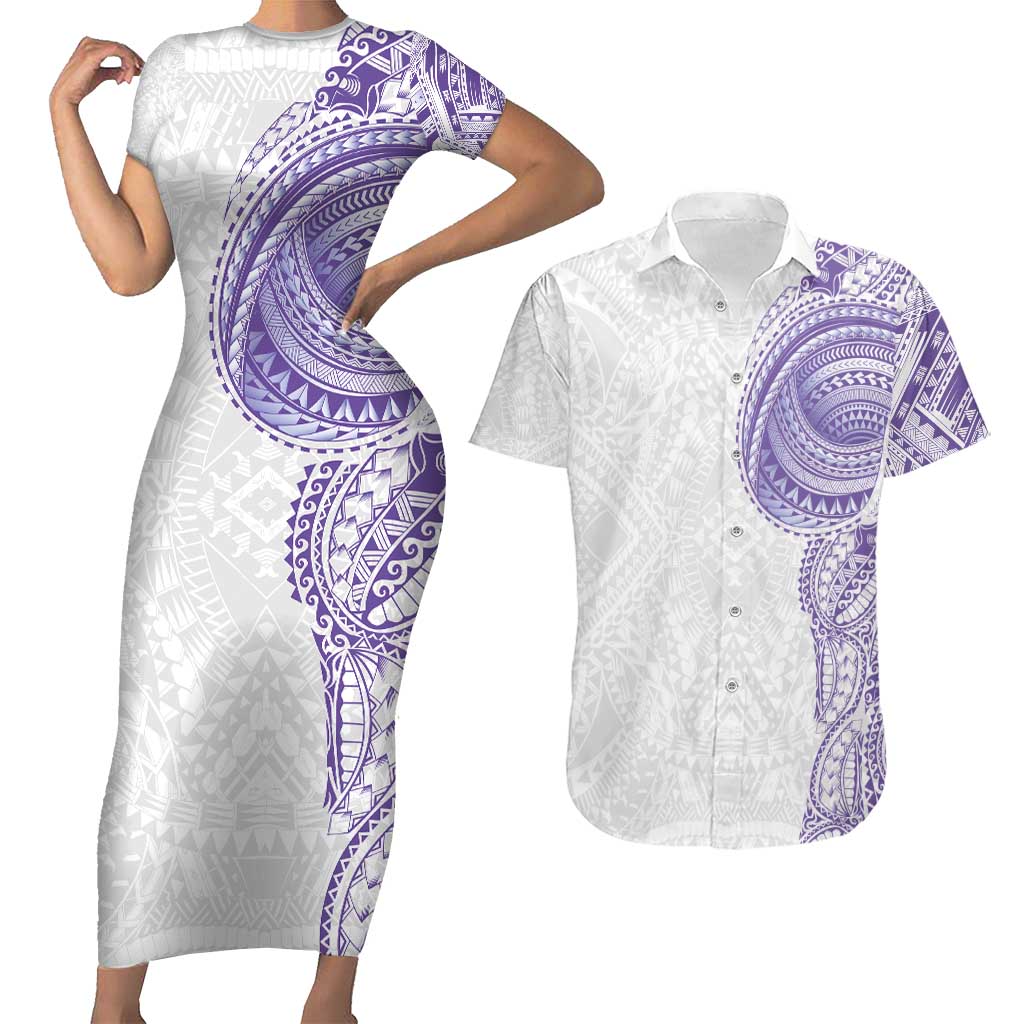 Traditional Polynesian Art Tattoos Couples Matching Short Sleeve Bodycon Dress and Hawaiian Shirt Purple Color - Polynesian Pride