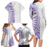 Traditional Polynesian Art Tattoos Family Matching Long Sleeve Bodycon Dress and Hawaiian Shirt Purple Color - Polynesian Pride