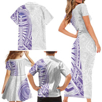 Traditional Polynesian Art Tattoos Family Matching Short Sleeve Bodycon Dress and Hawaiian Shirt Purple Color - Polynesian Pride