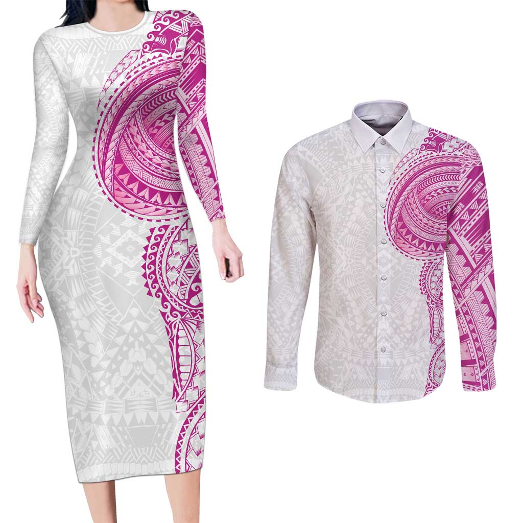 Traditional Polynesian Art Tattoos Couples Matching Long Sleeve Bodycon Dress and Long Sleeve Button Shirt Pink Color - Polynesian Pride