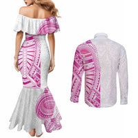 Traditional Polynesian Art Tattoos Couples Matching Mermaid Dress and Long Sleeve Button Shirt Pink Color - Polynesian Pride
