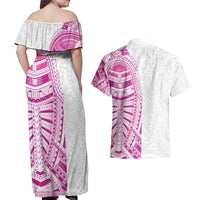 Traditional Polynesian Art Tattoos Couples Matching Off Shoulder Maxi Dress and Hawaiian Shirt Pink Color - Polynesian Pride
