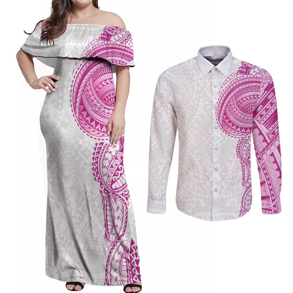 Traditional Polynesian Art Tattoos Couples Matching Off Shoulder Maxi Dress and Long Sleeve Button Shirt Pink Color - Polynesian Pride