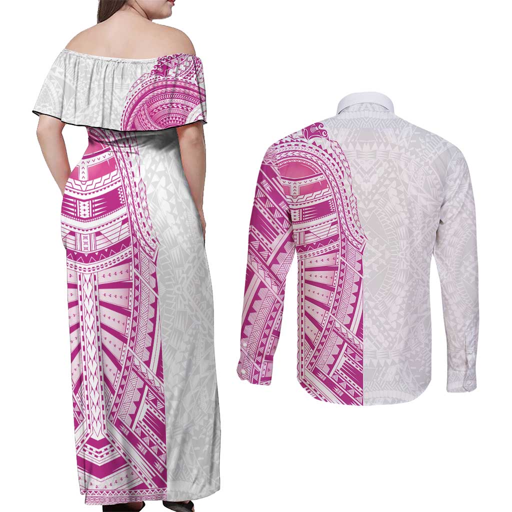 Traditional Polynesian Art Tattoos Couples Matching Off Shoulder Maxi Dress and Long Sleeve Button Shirt Pink Color - Polynesian Pride