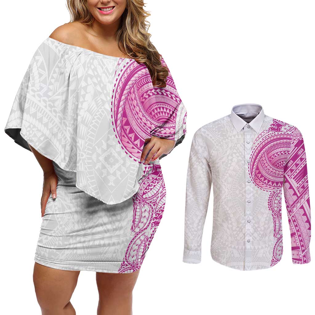 Traditional Polynesian Art Tattoos Couples Matching Off Shoulder Short Dress and Long Sleeve Button Shirt Pink Color - Polynesian Pride