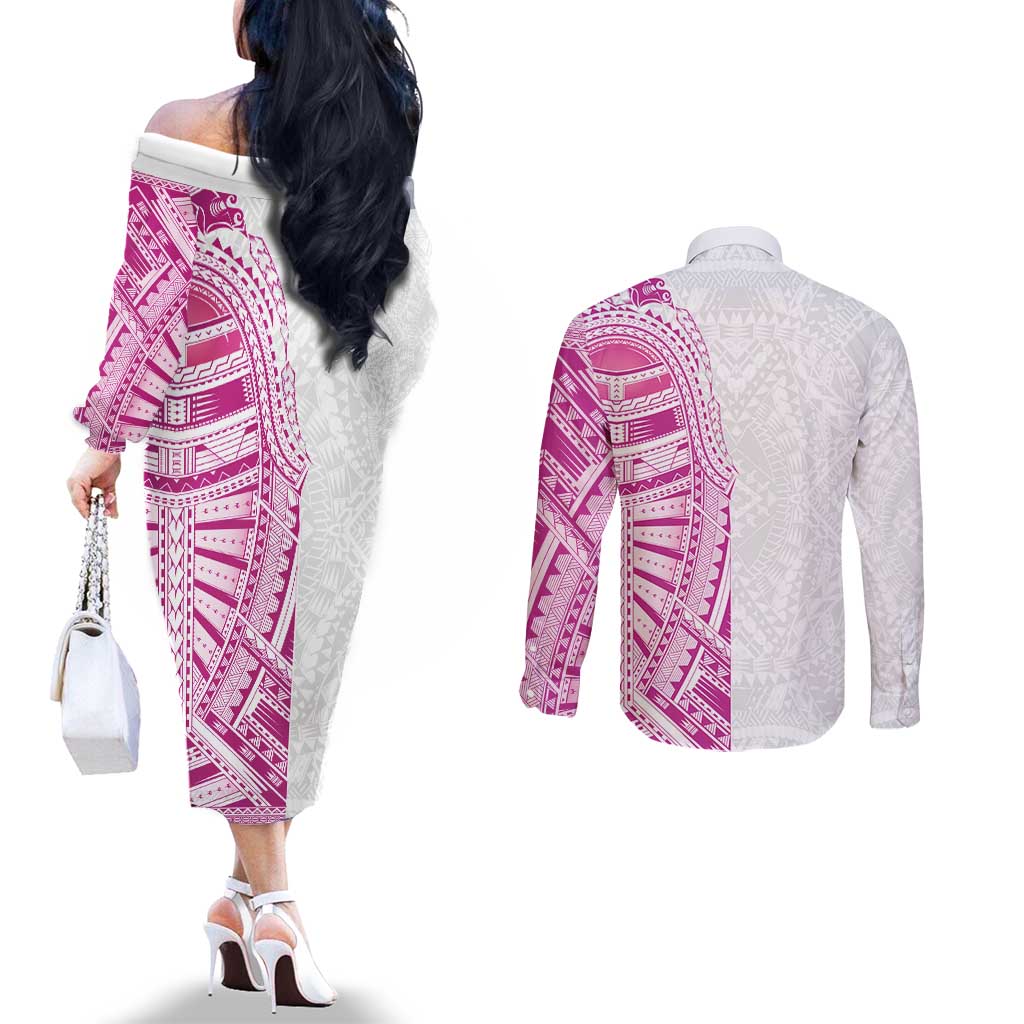 Traditional Polynesian Art Tattoos Couples Matching Off The Shoulder Long Sleeve Dress and Long Sleeve Button Shirt Pink Color - Polynesian Pride