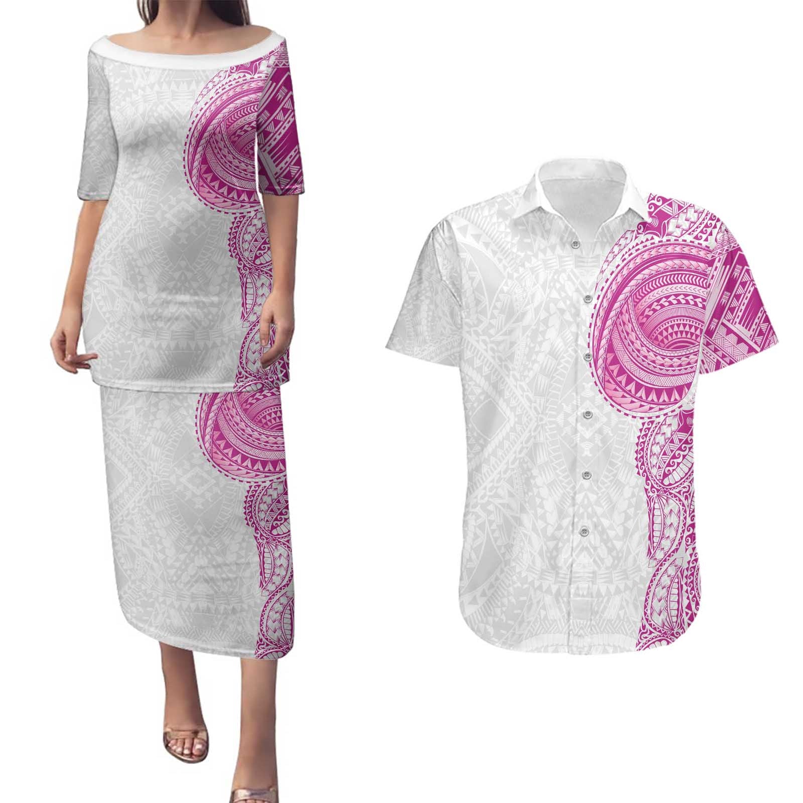 Traditional Polynesian Art Tattoos Couples Matching Puletasi and Hawaiian Shirt Pink Color LT03 Pink - Polynesian Pride