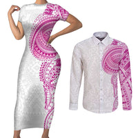 Traditional Polynesian Art Tattoos Couples Matching Short Sleeve Bodycon Dress and Long Sleeve Button Shirt Pink Color - Polynesian Pride