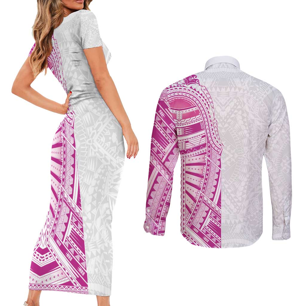 Traditional Polynesian Art Tattoos Couples Matching Short Sleeve Bodycon Dress and Long Sleeve Button Shirt Pink Color - Polynesian Pride
