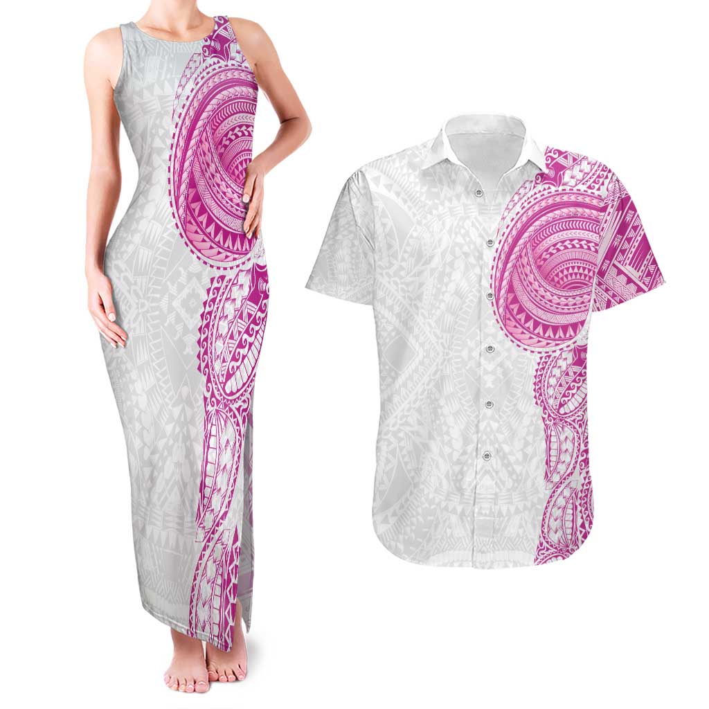 Traditional Polynesian Art Tattoos Couples Matching Tank Maxi Dress and Hawaiian Shirt Pink Color - Polynesian Pride