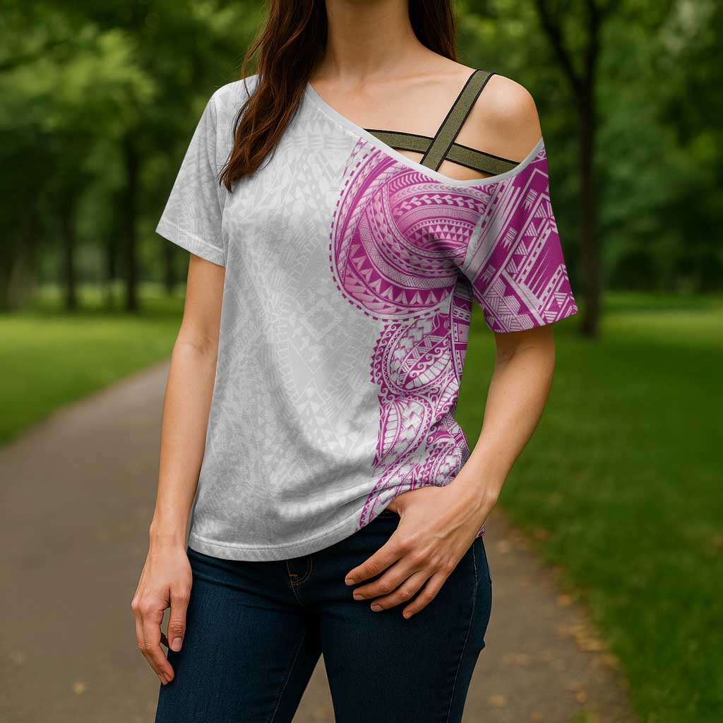 Traditional Polynesian Art Tattoos Cross Shoulder Shirt Pink Color - Polynesian Pride