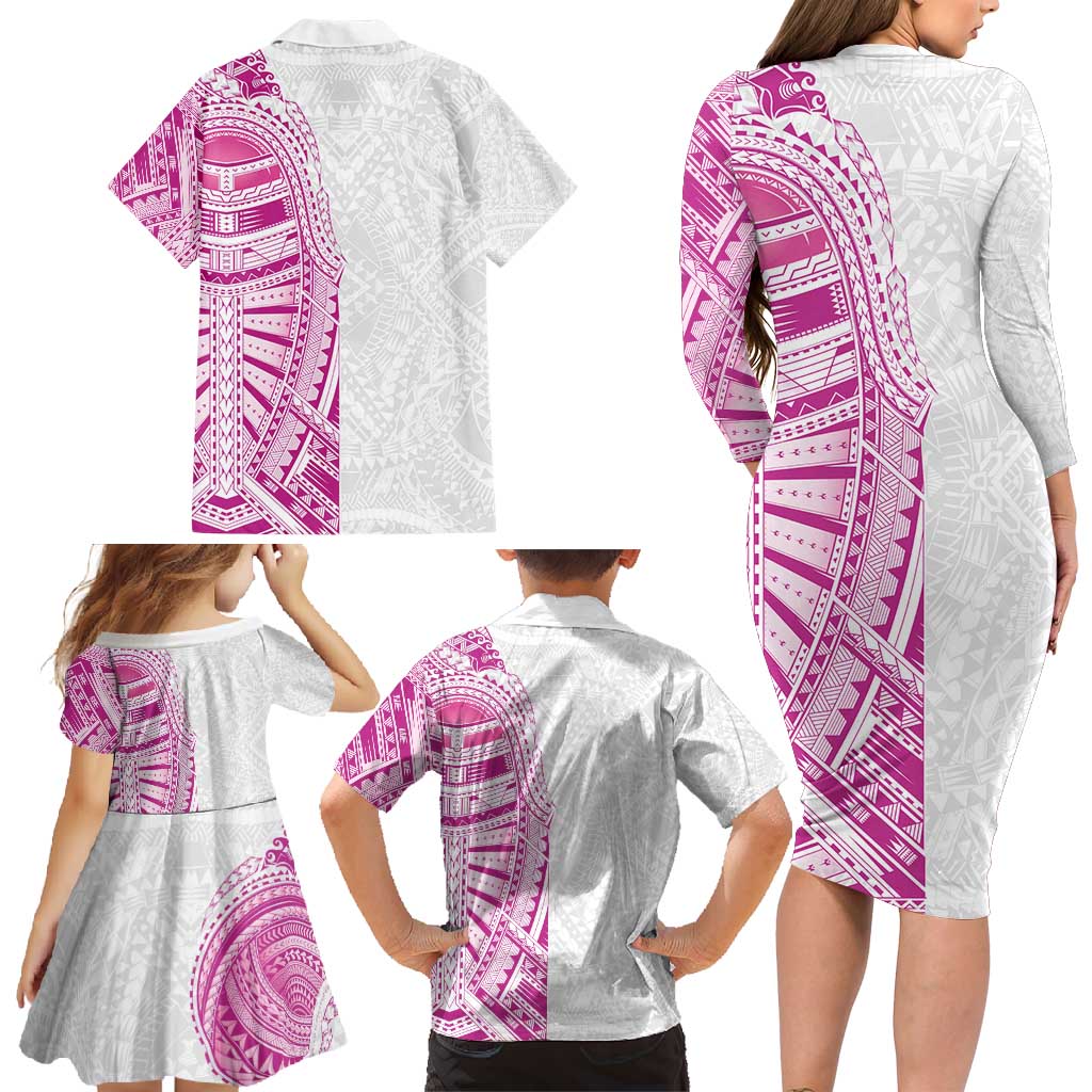 Traditional Polynesian Art Tattoos Family Matching Long Sleeve Bodycon Dress and Hawaiian Shirt Pink Color - Polynesian Pride