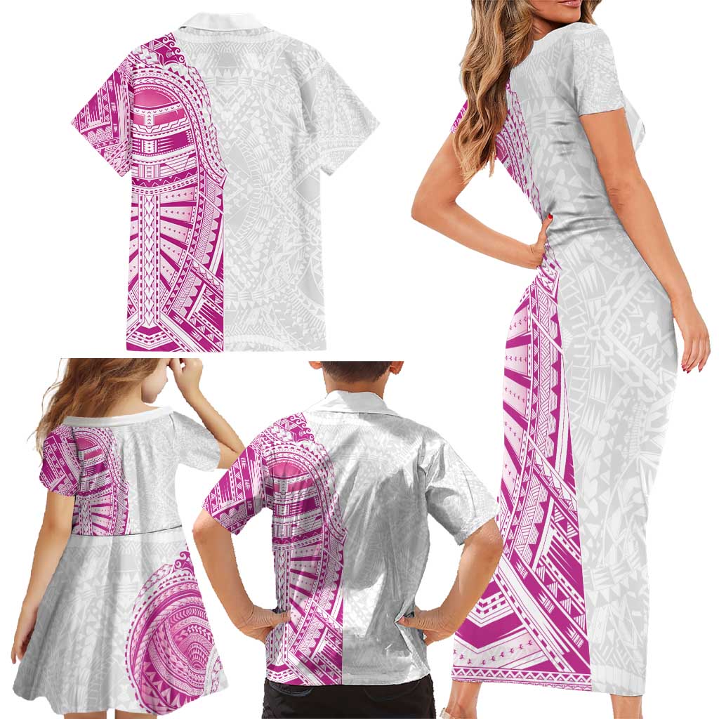 Traditional Polynesian Art Tattoos Family Matching Short Sleeve Bodycon Dress and Hawaiian Shirt Pink Color - Polynesian Pride