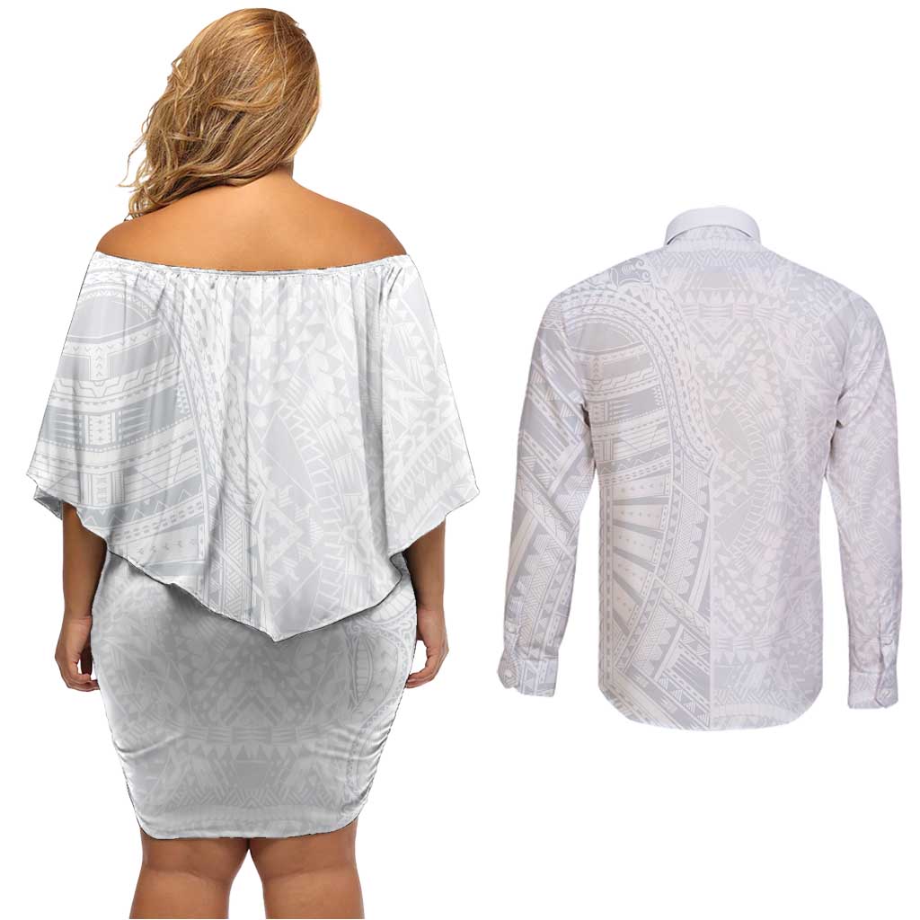 Lotu Tamaiti Couples Matching Off Shoulder Short Dress and Long Sleeve Button Shirt Traditional Samoan Art Tattoos - Polynesian Pride