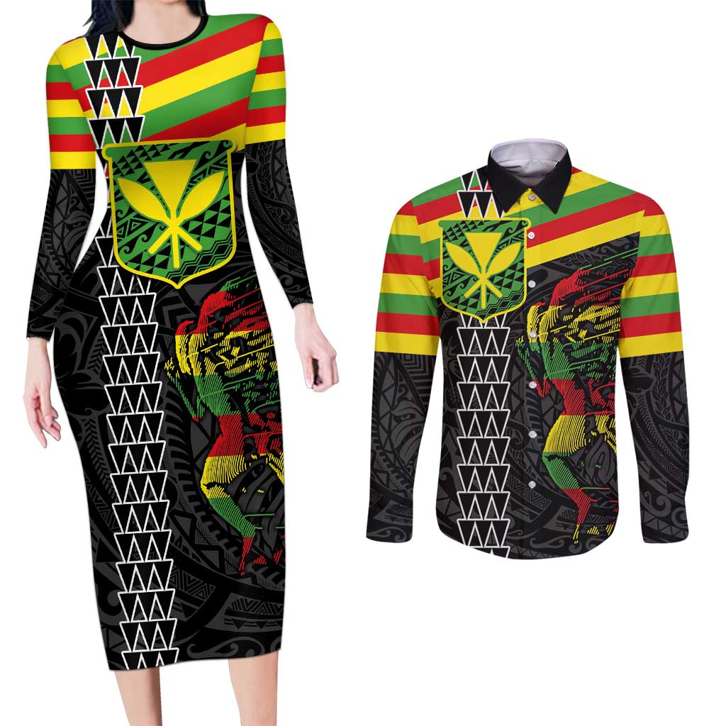 Kanaka Maoli Running Couples Matching Long Sleeve Bodycon Dress and Long Sleeve Button Shirt Kakau Pattern with Kanaka Maoli Flag Color LT03 Black - Polynesian Pride