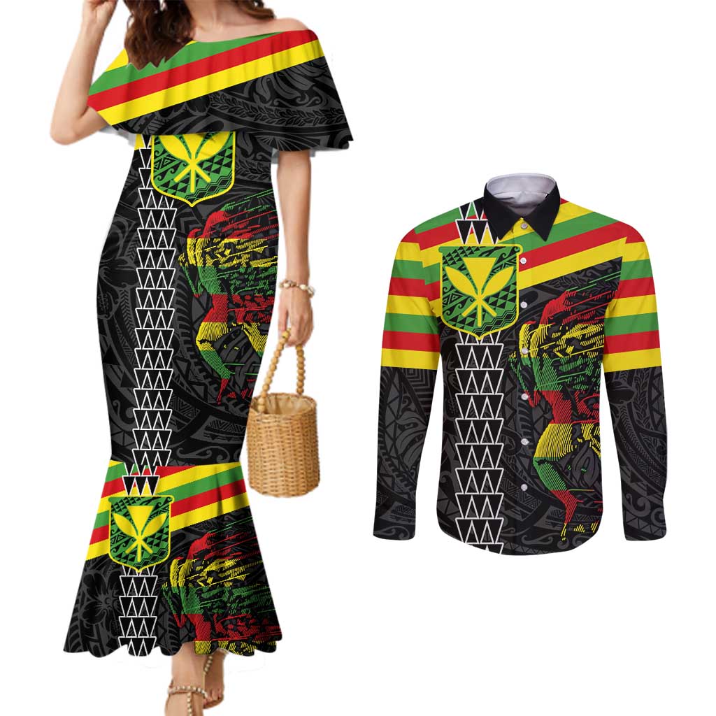 Kanaka Maoli Running Couples Matching Mermaid Dress and Long Sleeve Button Shirt Kakau Pattern with Kanaka Maoli Flag Color LT03 Black - Polynesian Pride